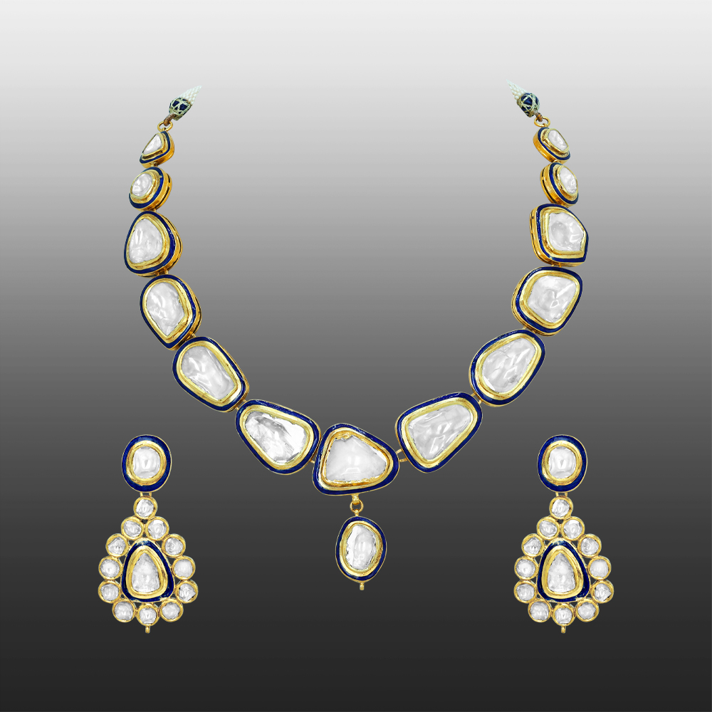 Polki Necklace Set with Blue Enamel and Matching Drop Earrings